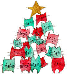 Handdrawn Aquarell cattree, Cats, Christmas, Tree, Christmastree, Fammily, Funny, Happy, Wishes, Greetings, Watercolor, Animal, Nature