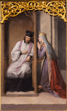 PRAGUE, CZECH REPUBLIC - OCTOBER 12, 2018: The painting of the saint John Nepomuk at confession of the queen in church Bazilika svat&eacute;ho Petra a Pavla na Vy&scaron;ehrade by Josef Mathaus (1897).