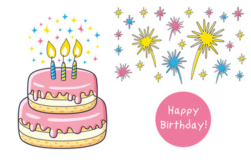 Birthday cake with three candles isolated and fireworks, happy birthday card design.