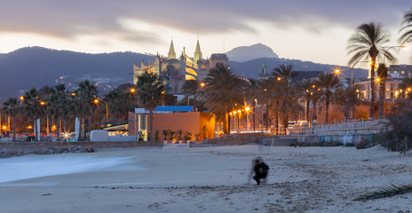 Palma de Mallorca - The beach of the city at dusk and the cathedral La Seu in the background. © Renáta Sedmáková