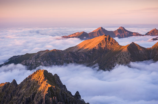 Mountains Landscape with Inversion in the Valley at Sunset as seen From Rysy Peak in High Tatras, Slovakia