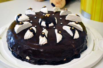 Homemade chocolate-topped cake with marshmallow slices