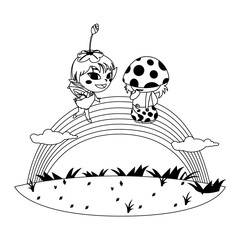 beautiful magic fairy and fungu elf with rainbow scene
