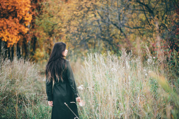 Dreamy beautiful girl with long natural black hair on background with colorful leaves. Fallen...
