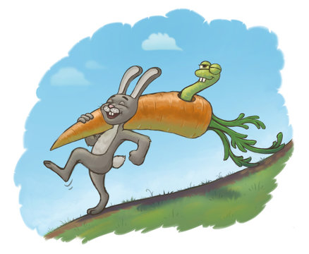 Happy hare found a big carrot but the worm found it before