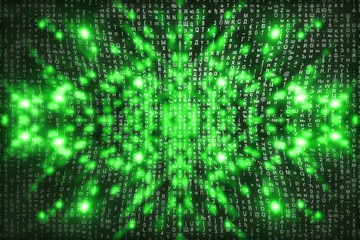 Obraz premium Green matrix digital background. Abstract cyberspace concept. Characters fall down. Matrix from symbols stream. Virtual reality design. Complex algorithm data hacking. Green digital sparks.