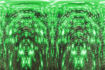 Green matrix digital background. Distorted cyberspace concept. Characters fall down. Matrix from symbols stream. Virtual reality design. Complex algorithm data hacking. Green digital sparks.
