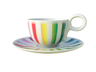 Porcelain colorful striped cup isolated on white background. 3D Illustration.