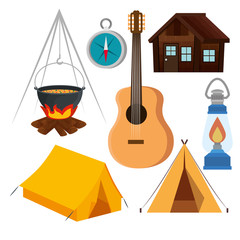 set of wanderlust adventure with camping and hiking tourism