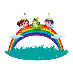Obraz premium beautiful magic fairies with toad prince and rainbow scene