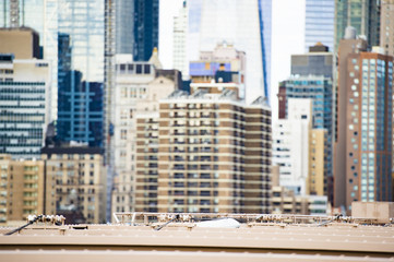 (Selective focus) Close-up view of the Manhattan skyline seen from the beautiful Brooklyn bridge in Manhattan, New York City, USA.
