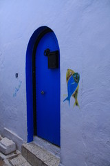 porte bleue et poissons peints sur la façade