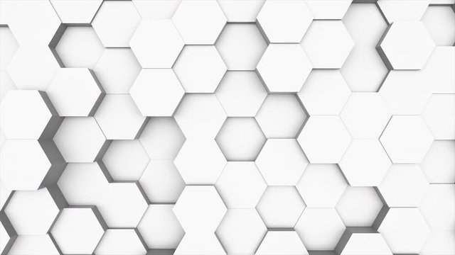 Random waving motion abstract background from hexagon geometric surface loop: light bright clean minimal hexagonal grid pattern, canvas in pure wall architectural white. Seamless loop cg 3d animation