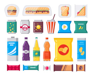 Fast food snack and drink pack, vector icons set in flat style. Vending products collection. Snacks, drinks, chips, cracker, coffee, sandwich isolated on white background.