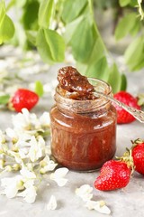 Acacia and strawberry jam. unusual jam from edible flowers, crushed for a pleasant texture. Acacia flowers are very useful, have anti-inflammatory, antipyretic properties. flower jam.