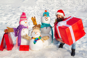 Design Gift Handmade. Holiday poster design. Happy smiling family snowman - sale discount concept....