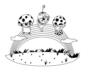 fungus elfs and fairy with rainbow