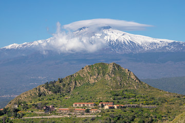 Taormina - The Mt. Etna volcano over the Sicilian landscape.