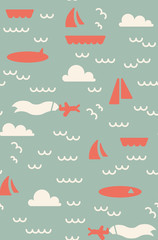 Nautical and sea theme seamless pattern in vintage colors. Maritime and travel boats on water with clouds and waves in aqua and orange, for backgrounds, fashion, textile, wrapping paper and wallpaper
