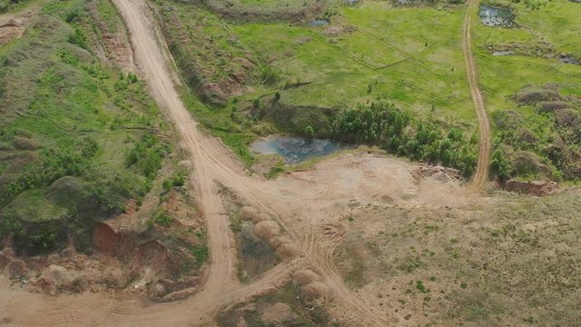 Aerial view of the consequences of irresponsible deforestation and extraction of sand and gravel in the forests of the middle climatic zone