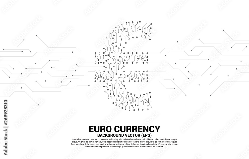 Poster vector euro currency money icon from circuit board style dot connect line. concept for digital econo