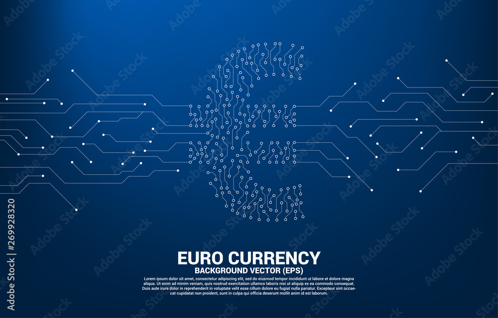 Poster vector euro currency money icon from circuit board style dot connect line. concept for digital econo