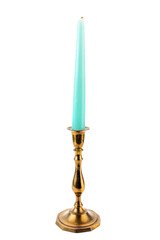 Pastel blue candle in antique brass candelabrum or candlestick on white background with copy space.
