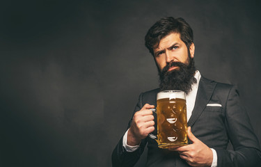 Beer pubs and bars. Enjoy in pub. Retro man in black suit with a beer. Retro advertising of...