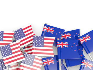 Pins with flags of United States and new zealand isolated on white