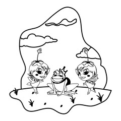 beautiful magic fairies with toad prince in the garden