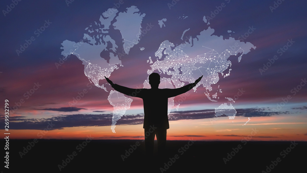Poster global network concept. male silhouette with abstract map