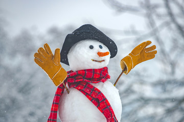 Happy funny snowman in the snow. Snow man in winter hat. Snowman outdoor. Funny snowmen. Cute...