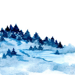 Blue painted watercolor texture with forest in fog ideal for prints and wallpapers