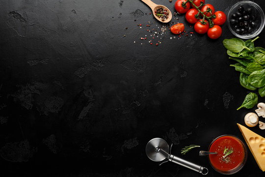 Pizza Cooking Ingredients On Black Background, Top View