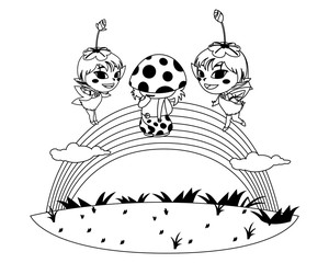 beautiful magic fairies with fungu elf and rainbow