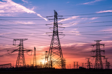 Silhouette of Power Supply Facilities at Sunset