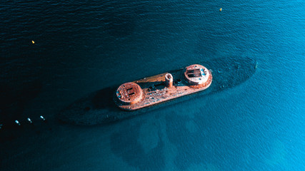 Aerial View of Old Shipwreck in Ocean