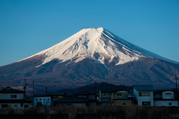 Close-up on Mount Fuji and small village, Japan