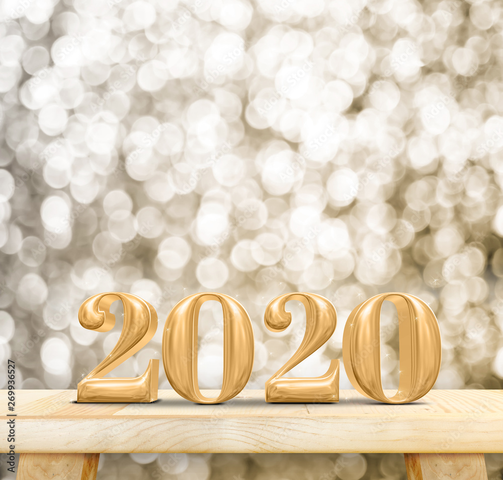 Poster 2020 happy new year wood number (3d rendering) on wood table with sparkling gold bokeh wall,leave space for display or montage of design or content