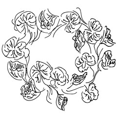 Obraz premium Hand drawn wreath of lotus leaves isolated on white background. Exotic botanical design vector elements for wedding invitation cards, cosmetics, perfume, beauty salon. Outline