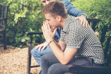 Guys Sharing Life Problems Always Support Best Friends. Friends Getting Down Heart Broken. Sad Man...