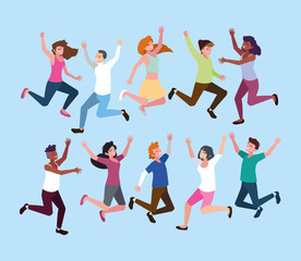 group of young people celebrating with hands up