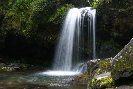 Motion-blurred photo of Grotto Falls in Great Smoky Mountains National Park