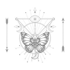 Vector illustration with hand drawn butterfly and Sacred geometric symbol on white background. Abstract mystic sign.