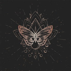 Vector illustration with hand drawn butterfly and Sacred geometric symbol on black vintage background. Abstract mystic sign.