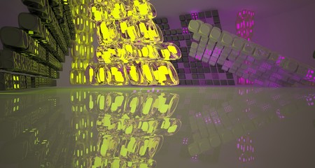 Abstract  white Futuristic Sci-Fi interior With Pink And Yellow Glowing Neon Tubes . 3D illustration and rendering.