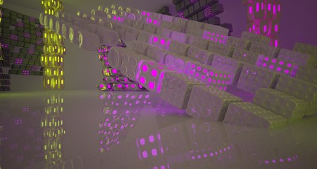 Abstract  white Futuristic Sci-Fi interior With Pink And Yellow Glowing Neon Tubes . 3D illustration and rendering.