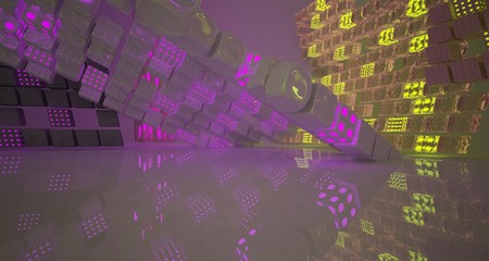 Abstract  white Futuristic Sci-Fi interior With Pink And Yellow Glowing Neon Tubes . 3D illustration and rendering.