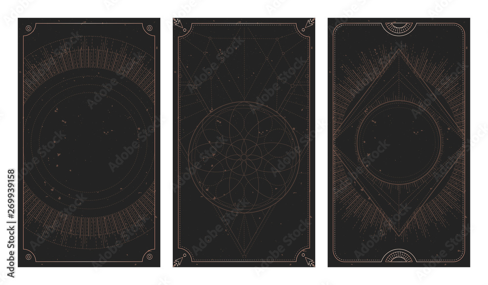 Wall mural vector set of three dark backgrounds with geometric symbols, grunge textures and frames. abstract ge