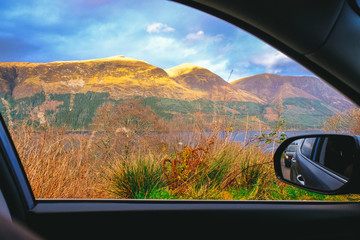 Fototapeta premium Picture of mountains taken from car windows in Spean Bridge, Scotland